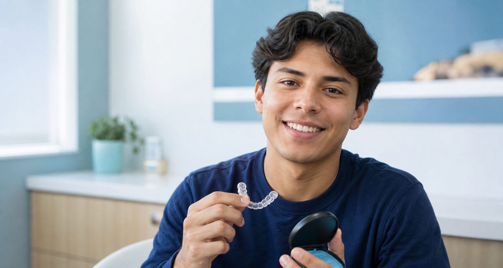 A happy young adult holding a clear dental aligner