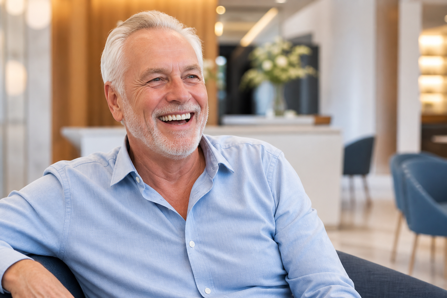 An older patient smiling after full-arch dental care