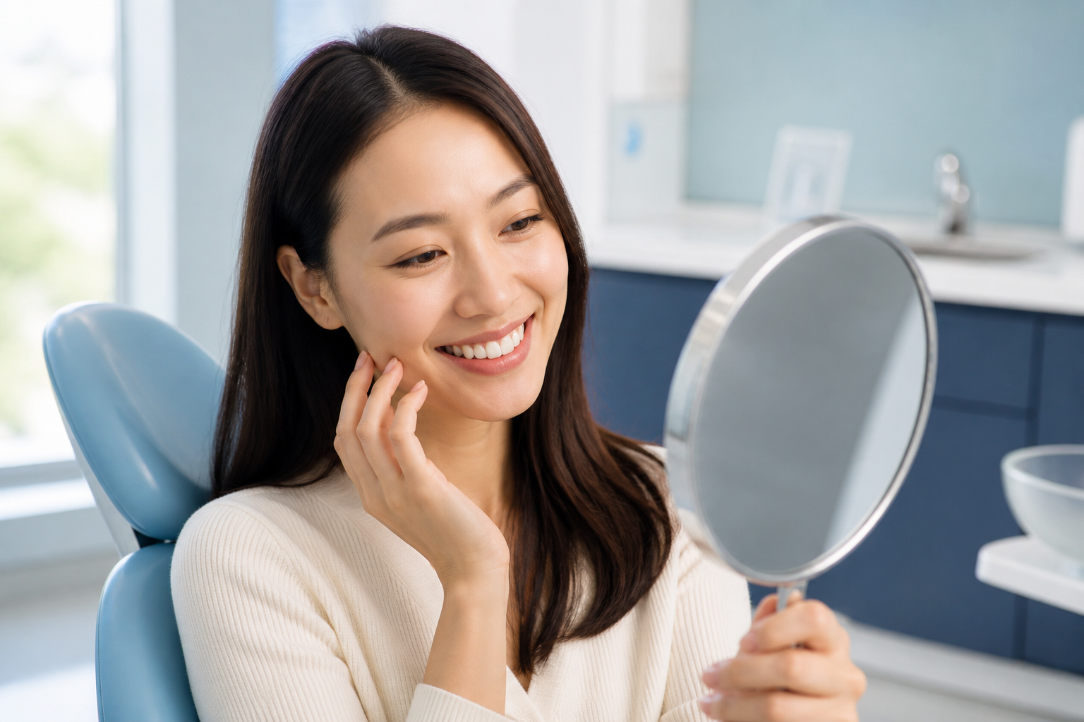 A smiling patient admiring her smile after cosmetic dentistry