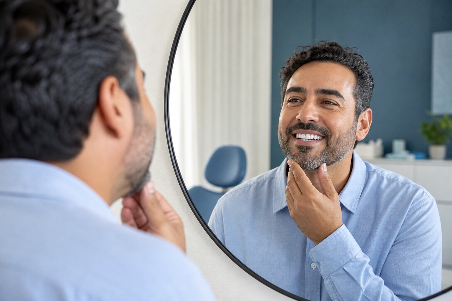 A smiling patient admiring his restored crown