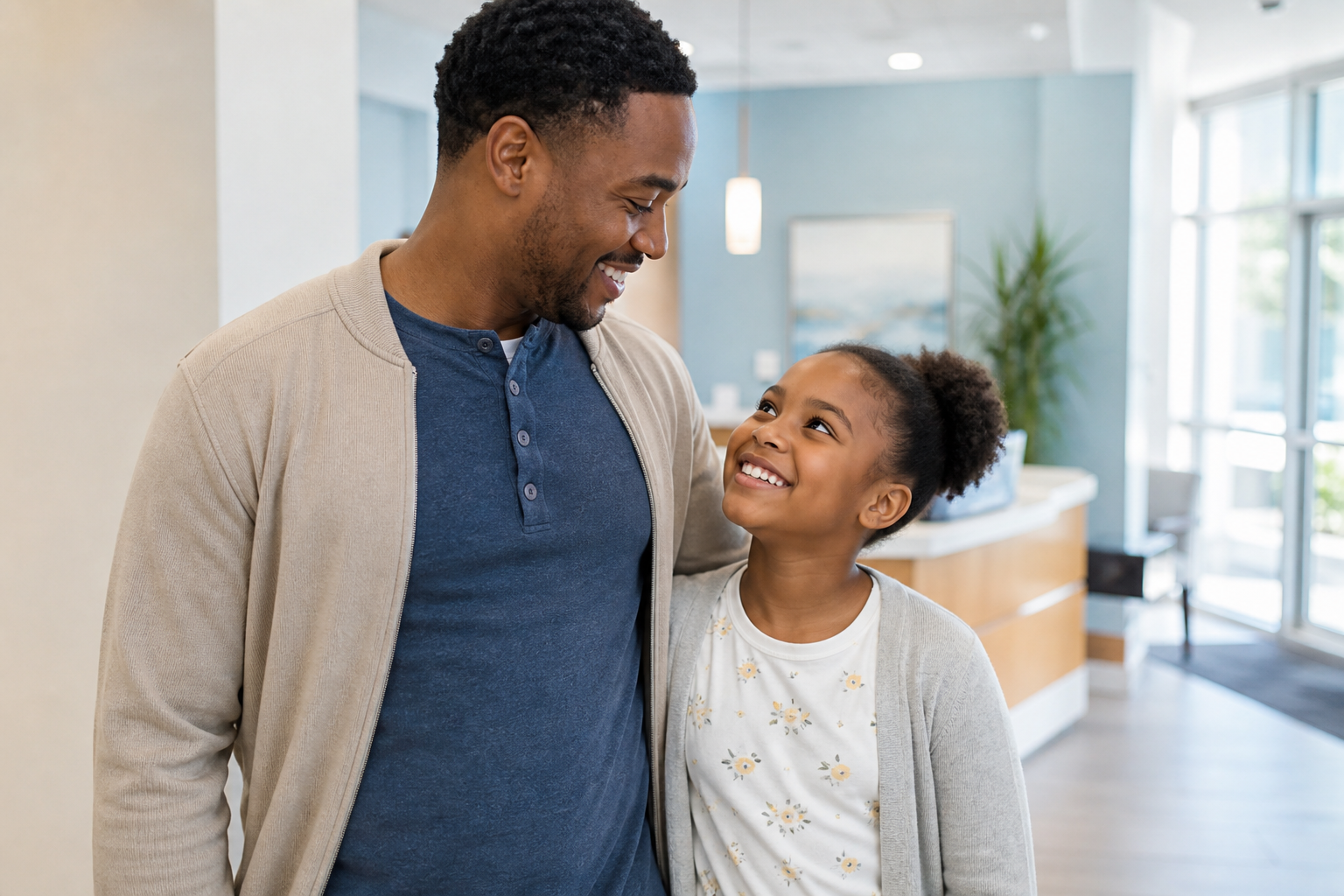 A happy father and daughter after a family dentistry visit