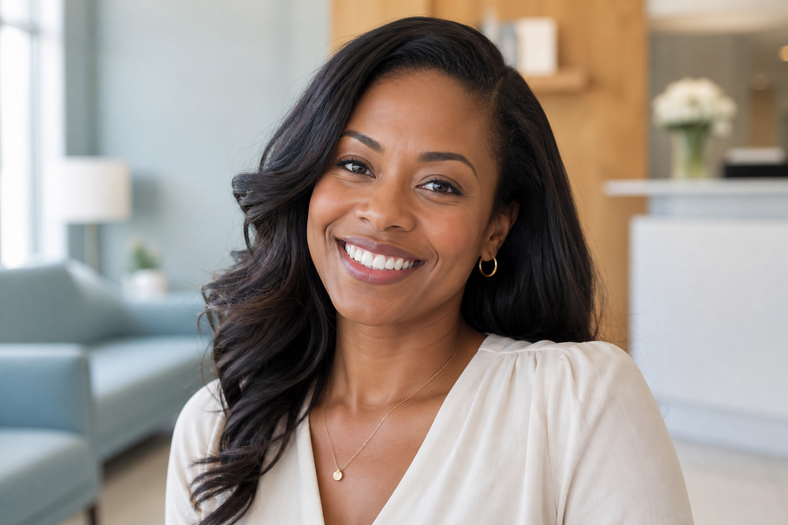 A confident patient smiling after veneer treatment